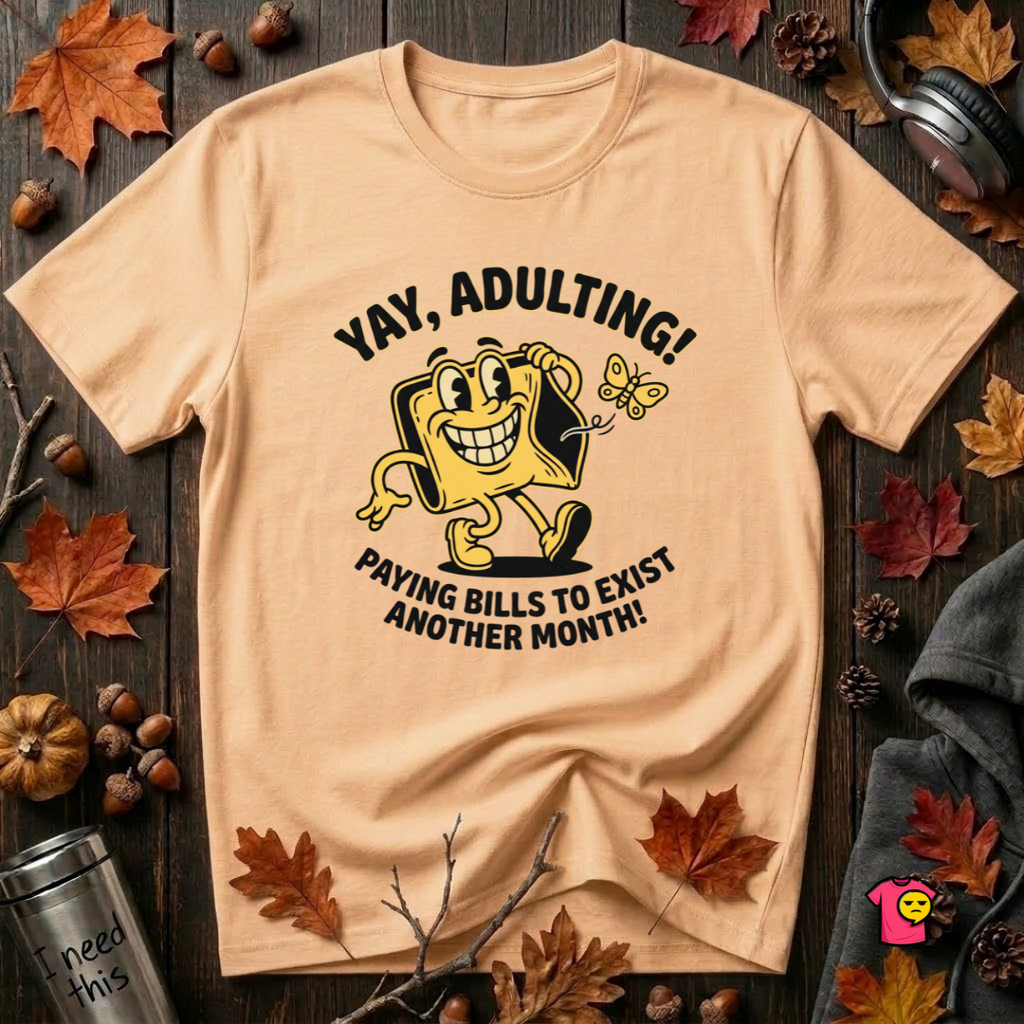 Yay, Adulting! sarcastic graphic t-shirt in Peach by Snarky Sarks